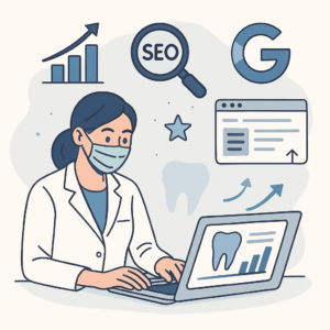 Imagen que representa el seo medico mostrando un doctor dentista trabajando en herramientas digitales de seo desde su computadora