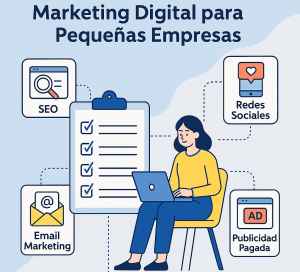 Ilustración sobre las mejores estrategias de marketing digital para pequeñas empresas, mostrando SEO, redes sociales, email marketing, marketing de contenidos y publicidad pagada
