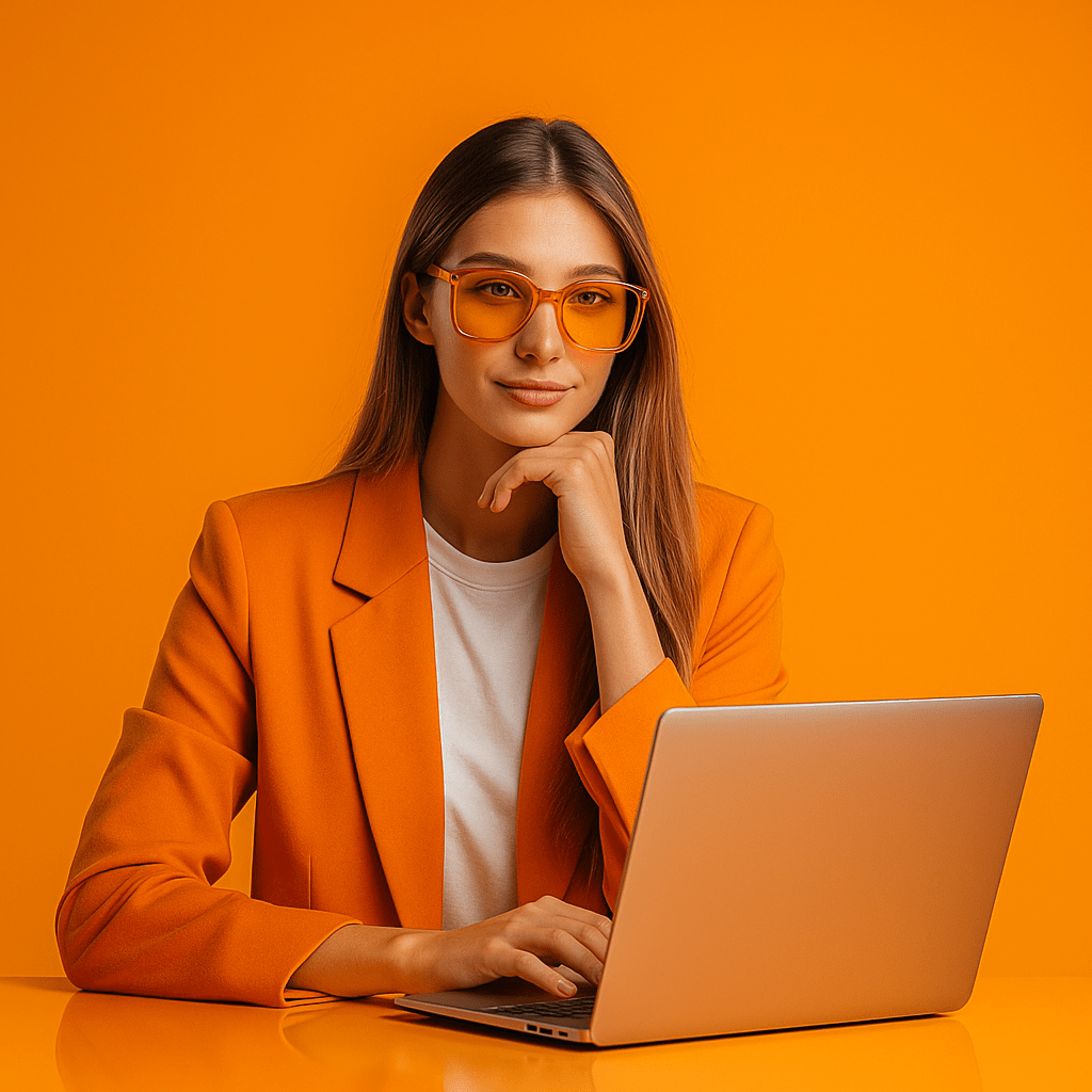 Mujer joven con gafas naranjas trabajando en una laptop sobre un fondo completamente naranja, vestida con blazer del mismo tono, en una escena moderna y profesional de estilo digital