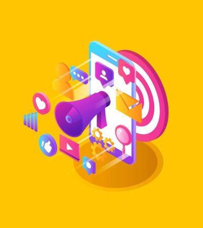 Ilustración 3D de un teléfono móvil con un megáfono y diversos iconos de marketing digital, representando una estrategia de seo local